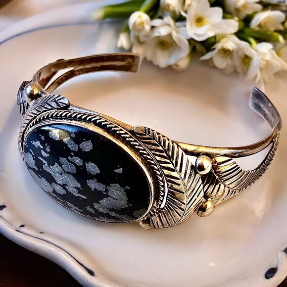 Native American Snowflake Obsidian Sterling Silver Cuff Bracelet Signed L Pina - Picture 3 of 13